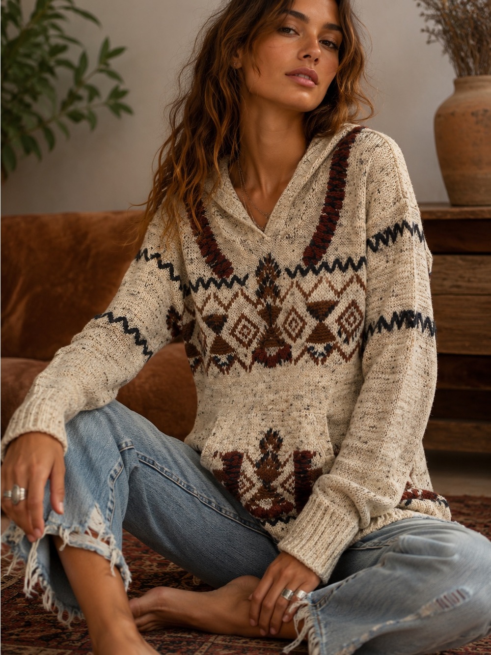 Free People Aztec South Western Brown Hooded Kangaroo Pocket Wool Blend Sweater - Picture 1 of 8